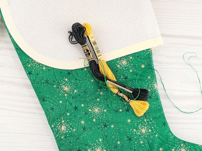 Blank Green Sparkle Christmas Stocking with Cross Stitchable Cuff - Curved Style