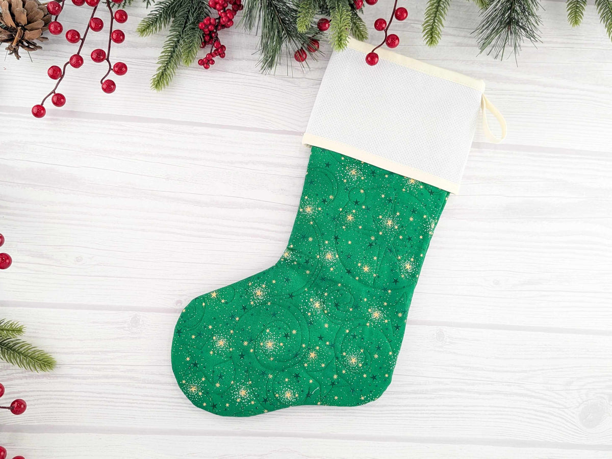 Blank Green Sparkle Christmas Stocking with Cross Stitchable Cuff - Straight Style