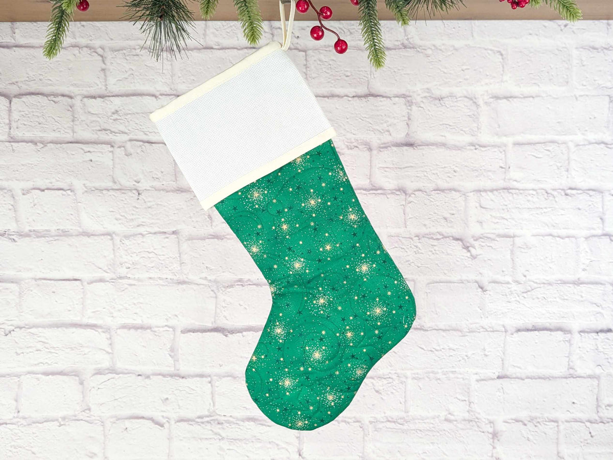 Blank Green Sparkle Christmas Stocking with Cross Stitchable Cuff - Straight Style
