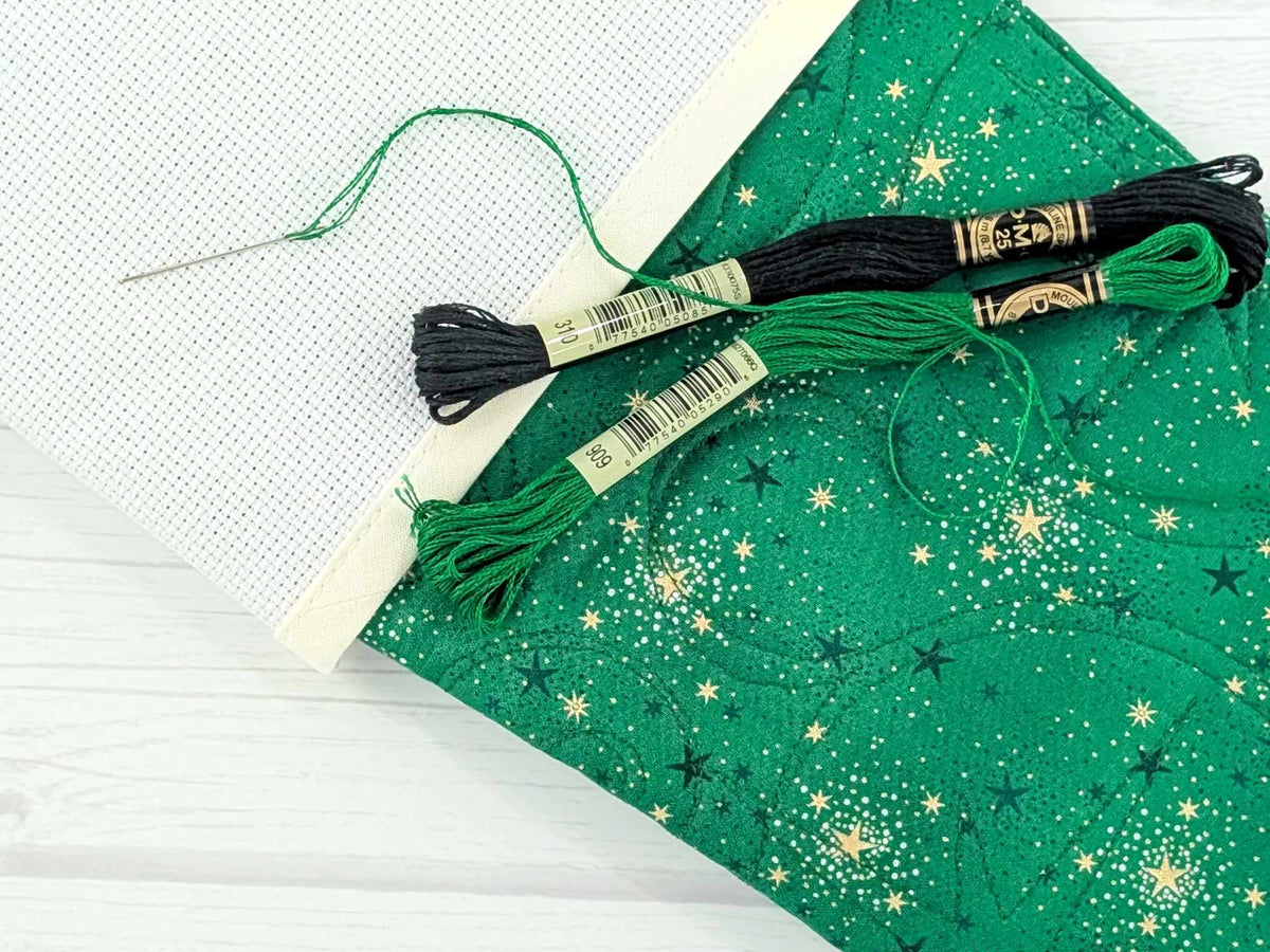 Blank Green Sparkle Christmas Stocking with Cross Stitchable Cuff - Straight Style
