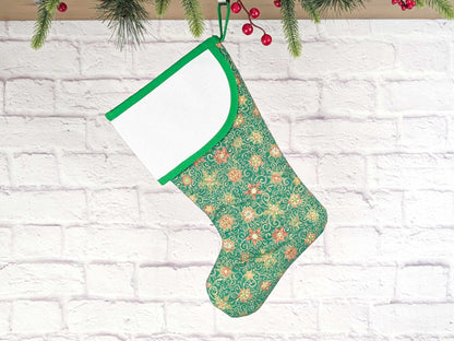 Blank Green Stars Christmas Stocking with Cross Stitchable Cuff - Curved Style