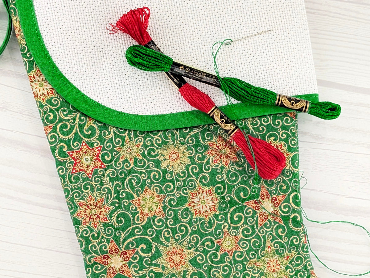 Blank Green Stars Christmas Stocking with Cross Stitchable Cuff - Curved Style