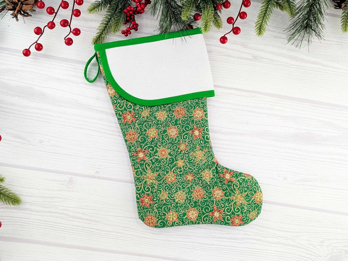 Blank Green Stars Christmas Stocking with Cross Stitchable Cuff - Curved Style