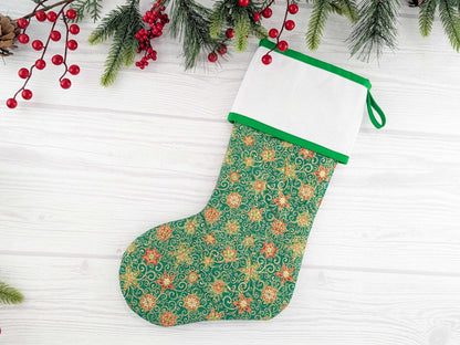 Blank Green Stars Christmas Stocking with Cross Stitchable Cuff - Straight Style