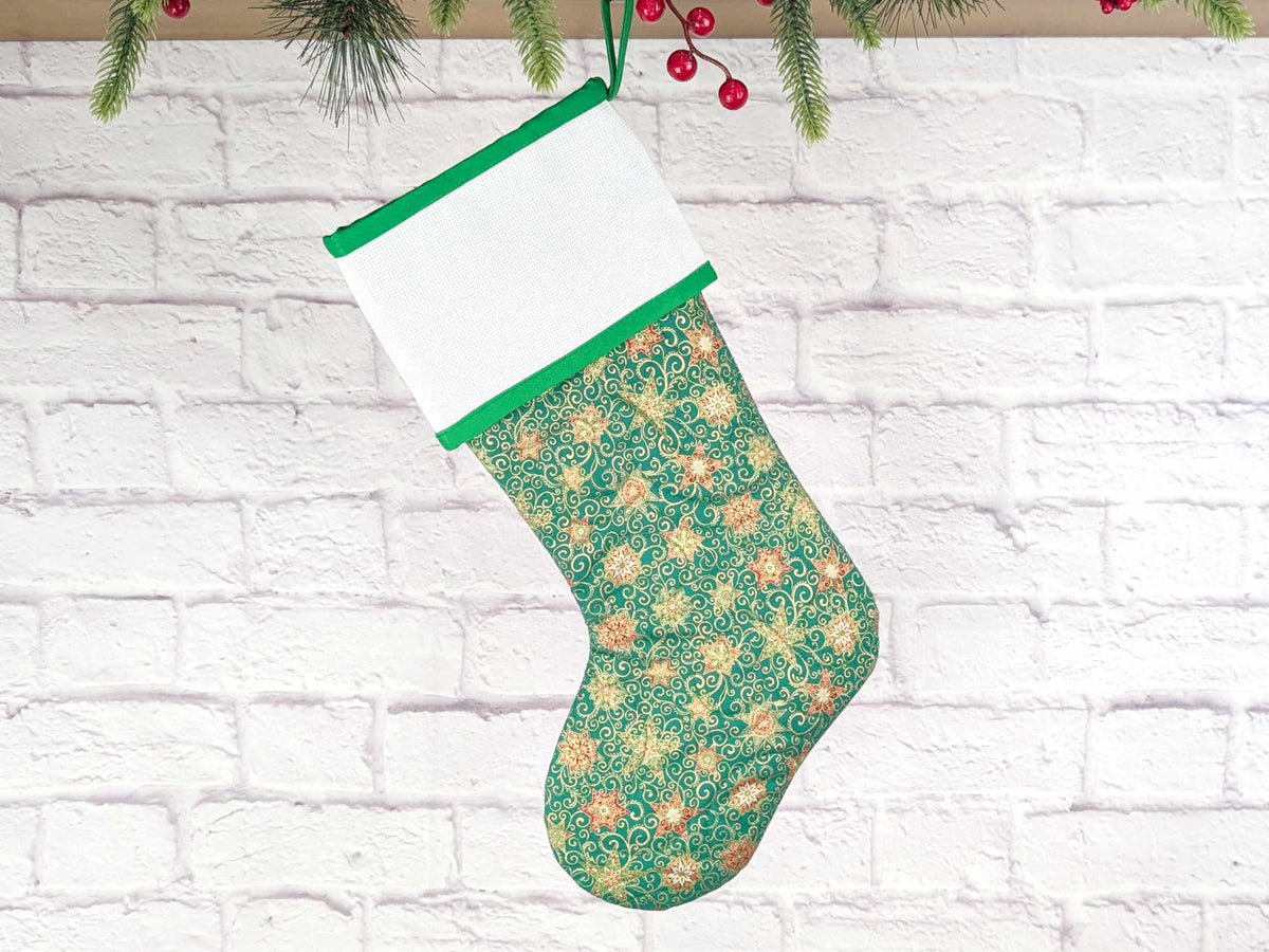 Blank Green Stars Christmas Stocking with Cross Stitchable Cuff - Straight Style
