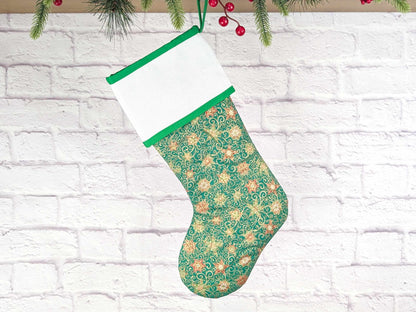 Blank Green Stars Christmas Stocking with Cross Stitchable Cuff - Straight Style