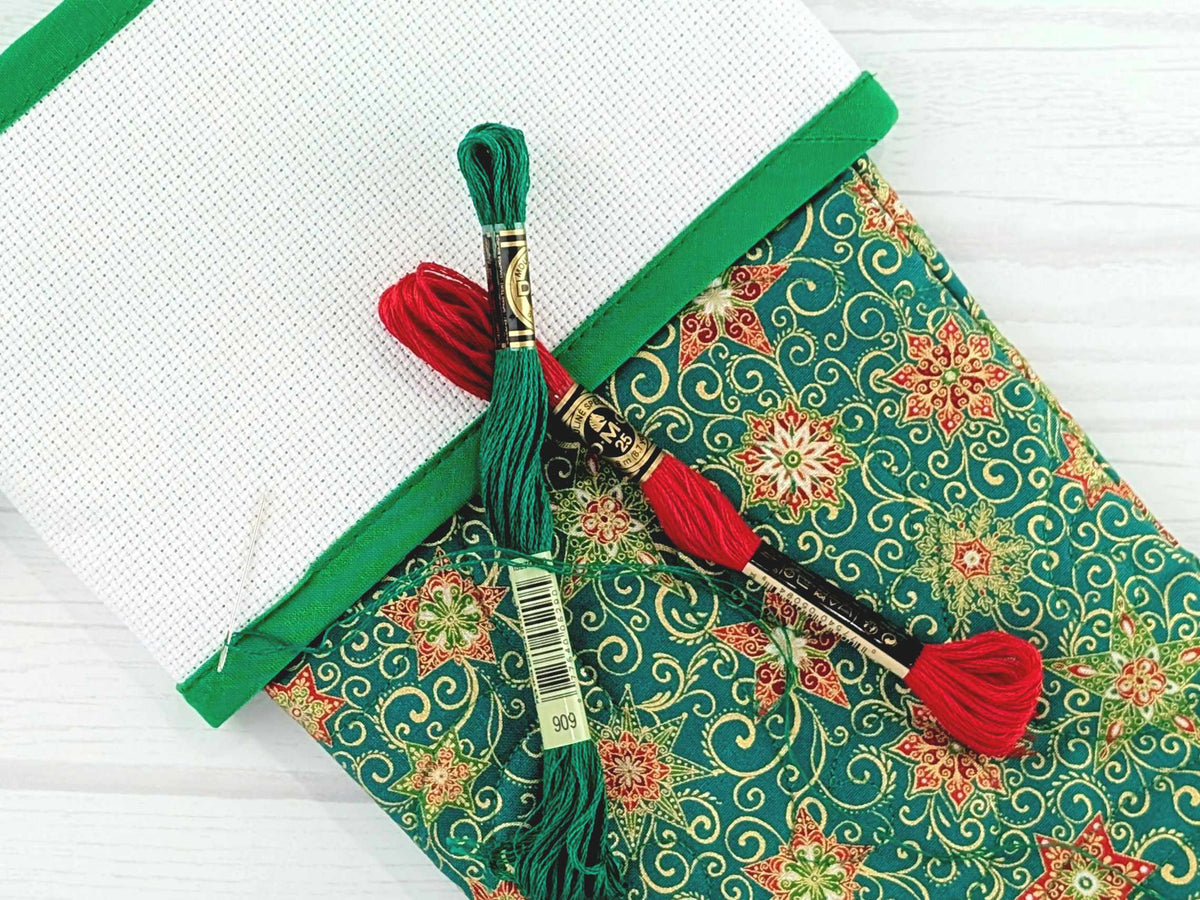 Blank Green Stars Christmas Stocking with Cross Stitchable Cuff - Straight Style