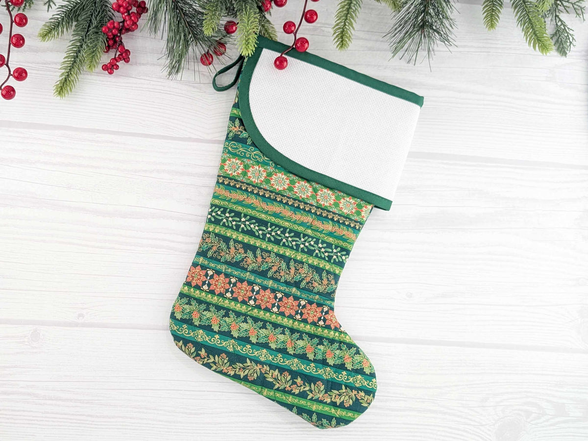 Blank Green Stripe Christmas Stocking with Cross Stitchable Cuff - Curved Style