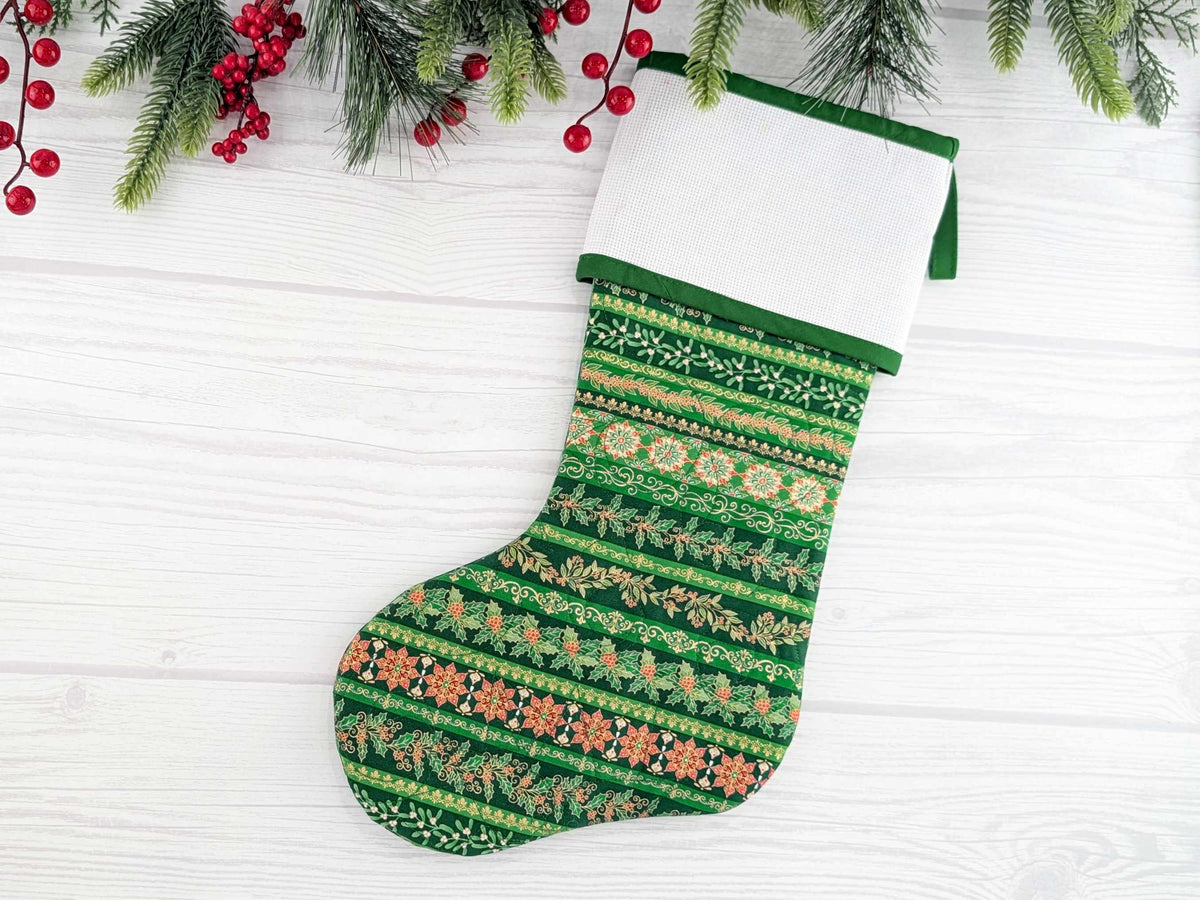 Blank Green Stripe Christmas Stocking with Cross Stitchable Cuff - Straight Style
