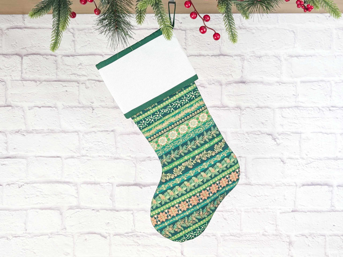 Blank Green Stripe Christmas Stocking with Cross Stitchable Cuff - Straight Style