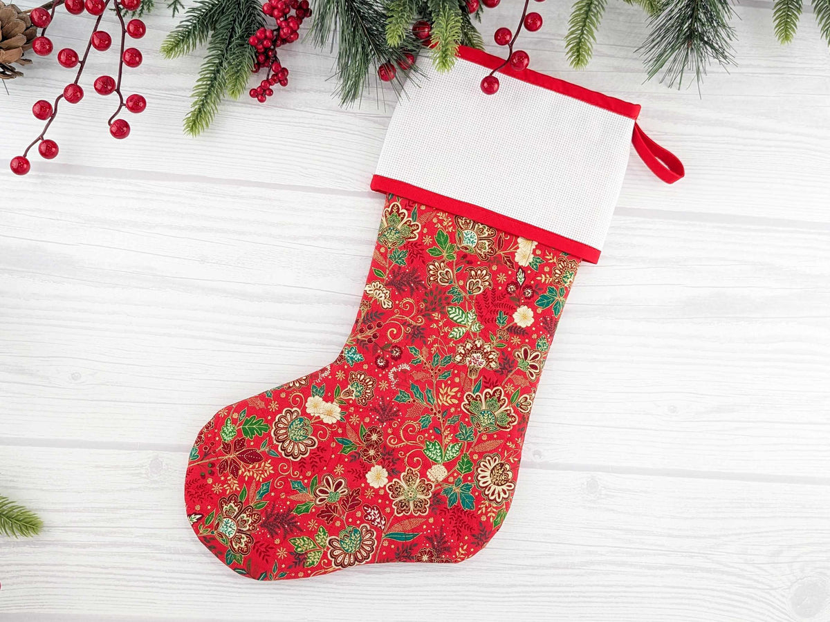 Blank Red Floral Christmas Stocking with Cross Stitchable Cuff - Straight Style