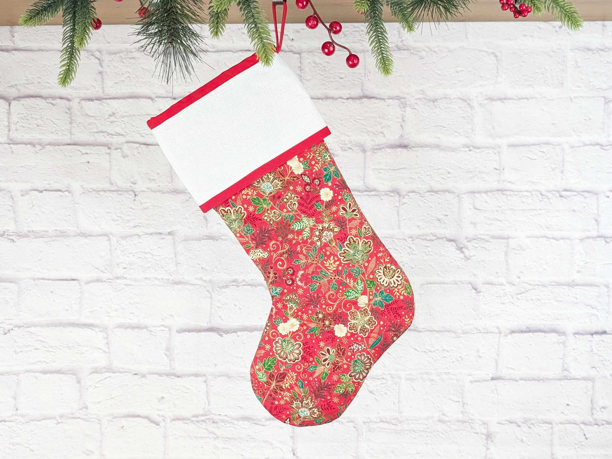 Blank Red Floral Christmas Stocking with Cross Stitchable Cuff - Straight Style