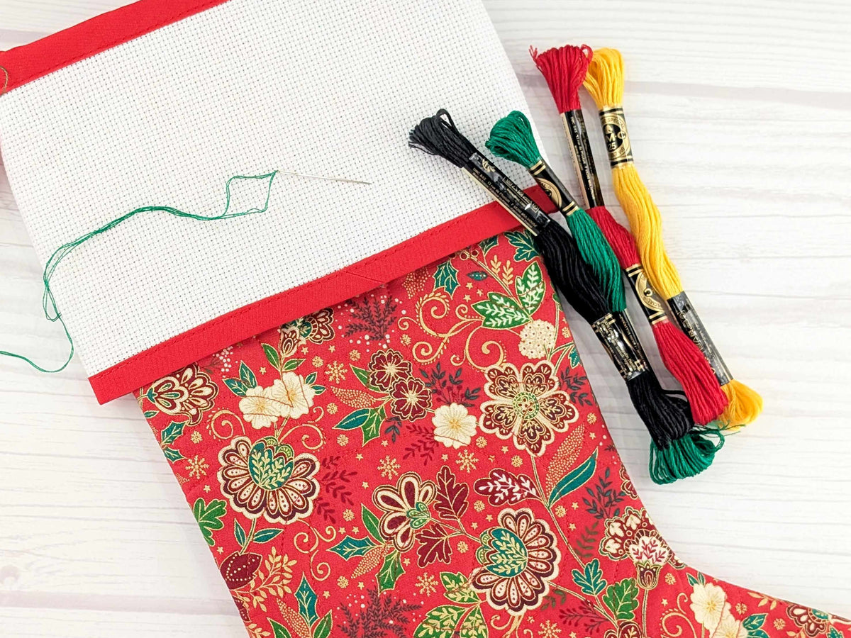 Blank Red Floral Christmas Stocking with Cross Stitchable Cuff - Straight Style