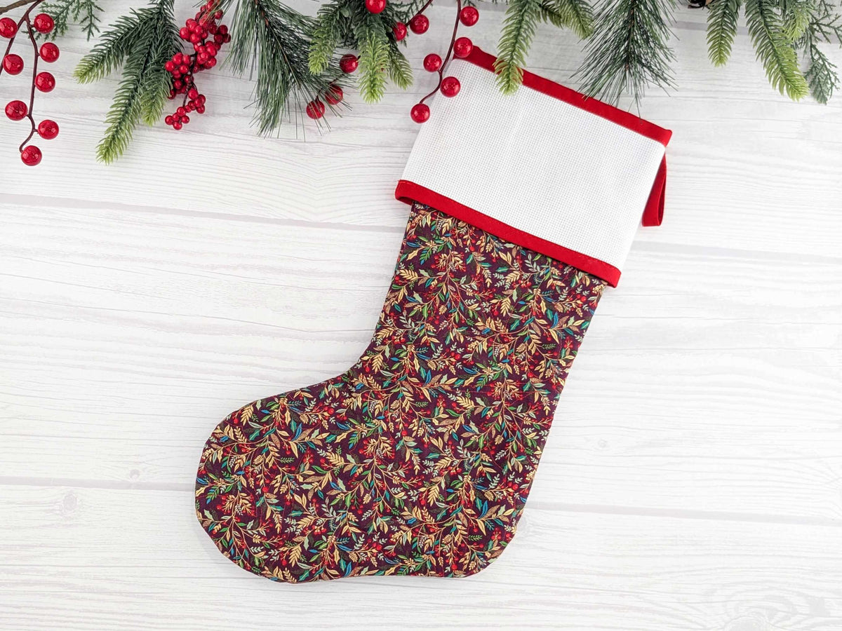 Blank Burgandy Holly Christmas Stocking with Cross Stitchable Cuff - Straight Style