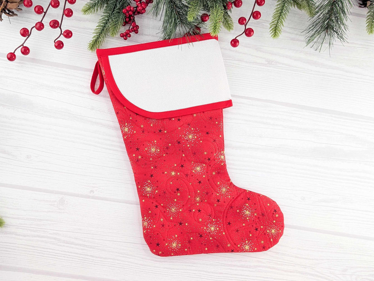 Blank Red Sparkle Christmas Stocking with Cross Stitchable Cuff - Curved Style