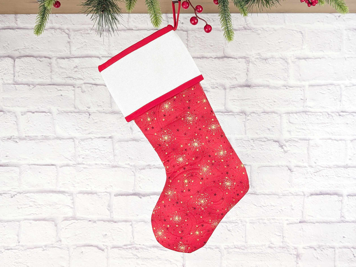 Blank Red Sparkle Christmas Stocking with Cross Stitchable Cuff - Straight Style
