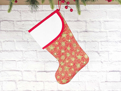 Blank Red Stars Christmas Stocking with Cross Stitchable Cuff - Curved Style