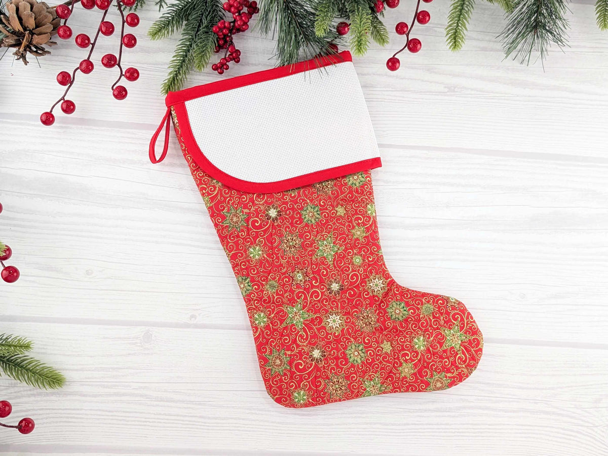 Blank Red Stars Christmas Stocking with Cross Stitchable Cuff - Curved Style