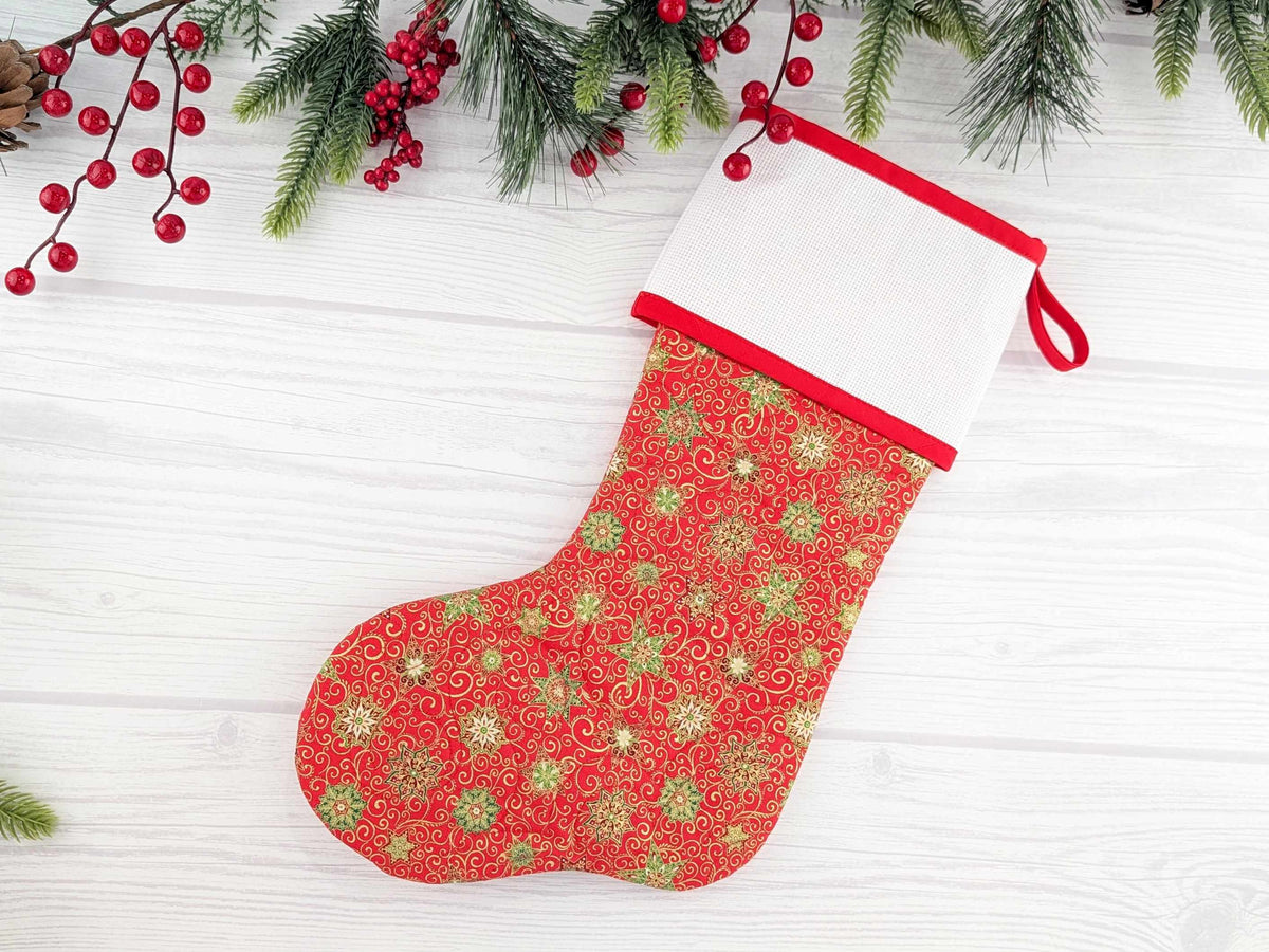 Blank Red Stars Christmas Stocking with Cross Stitchable Cuff - Straight Style