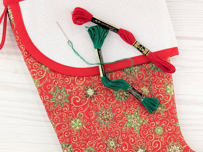 Blank Red Stars Christmas Stocking with Cross Stitchable Cuff - Curved Style