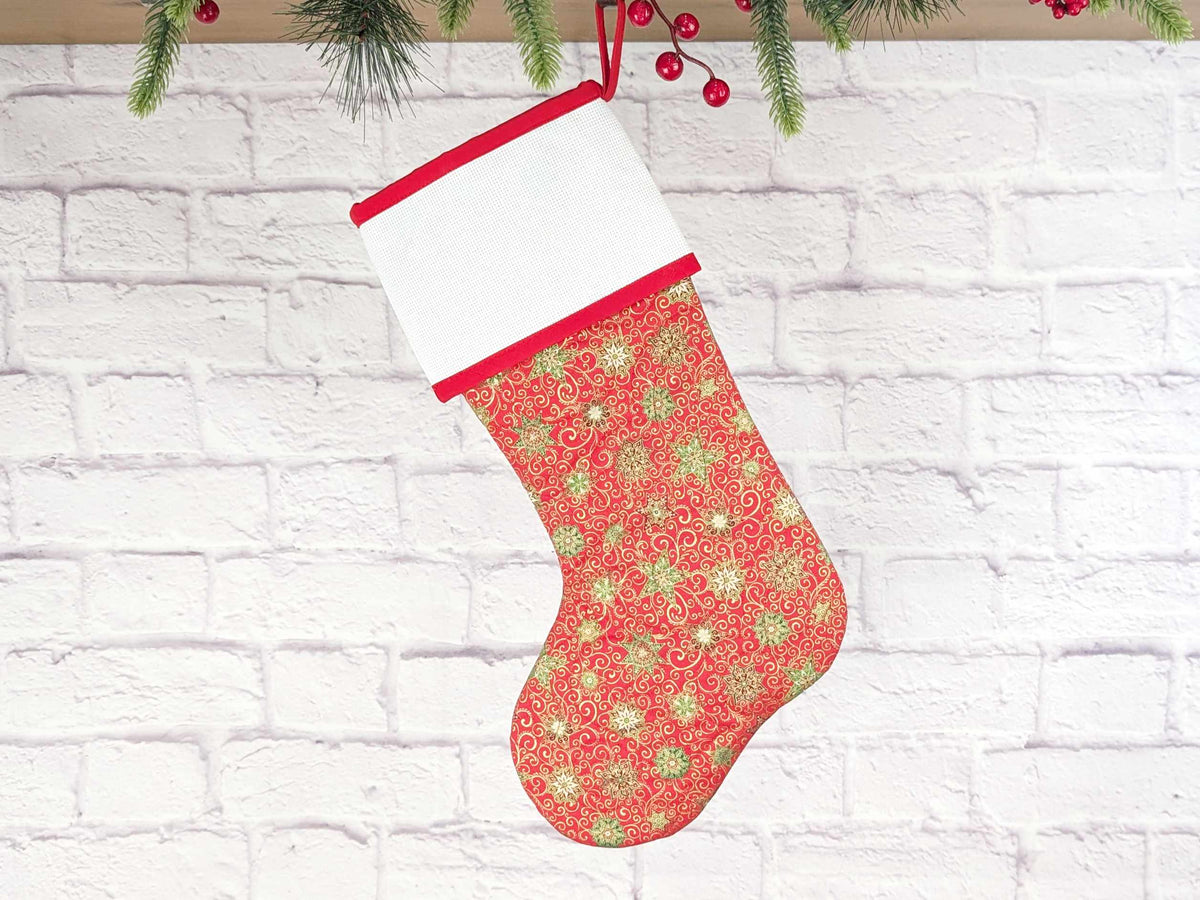 Blank Red Stars Christmas Stocking with Cross Stitchable Cuff - Straight Style