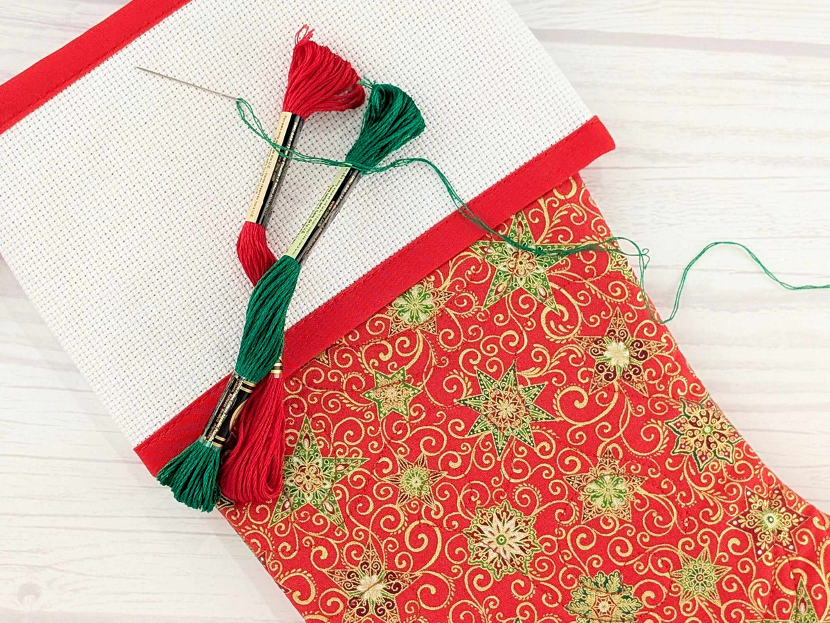 Blank Red Stars Christmas Stocking with Cross Stitchable Cuff - Straight Style