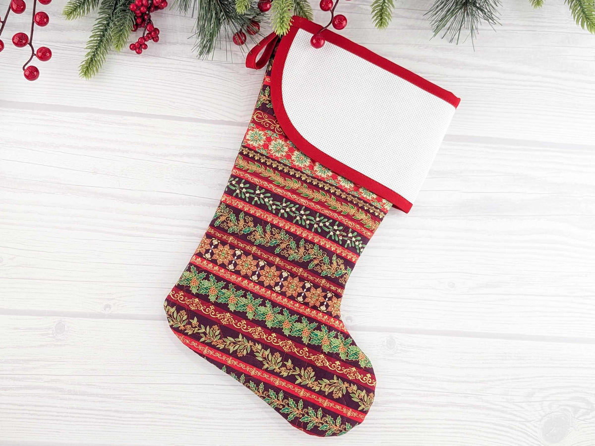 Blank Red Stripe Christmas Stocking with Cross Stitchable Cuff - Curved Style