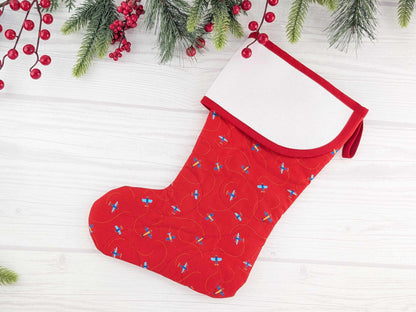 Blank Red airplanes Christmas Stocking with Cross Stitchable Cuff - Curved Style