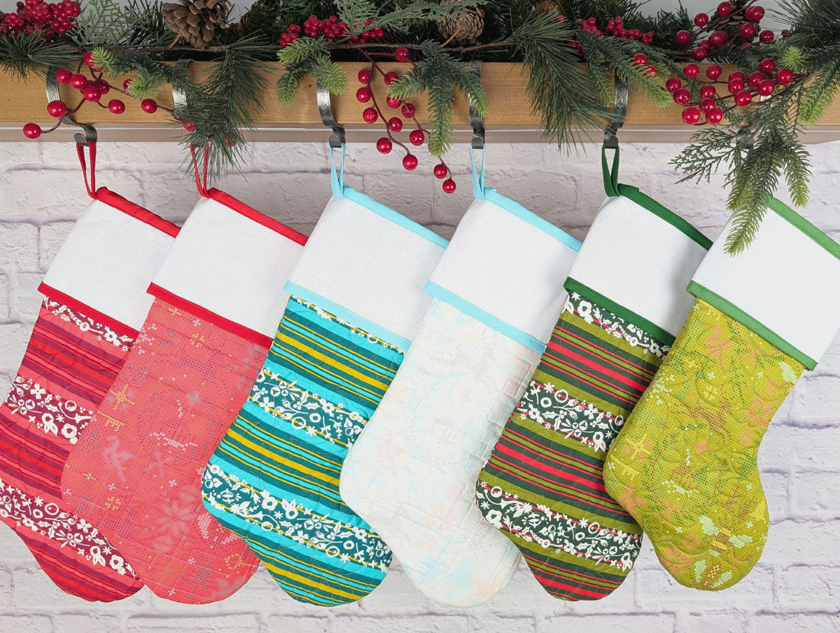 quilted Christmas stocking with blank cross stitch Aida cuff