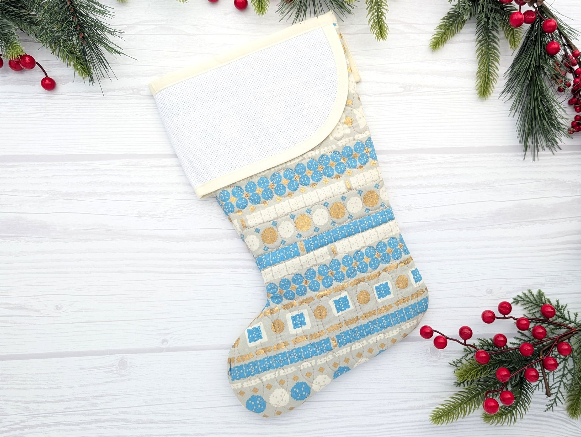 Blue Boho Stripe quilted christmas stocking with blank cross-stitchable cuff