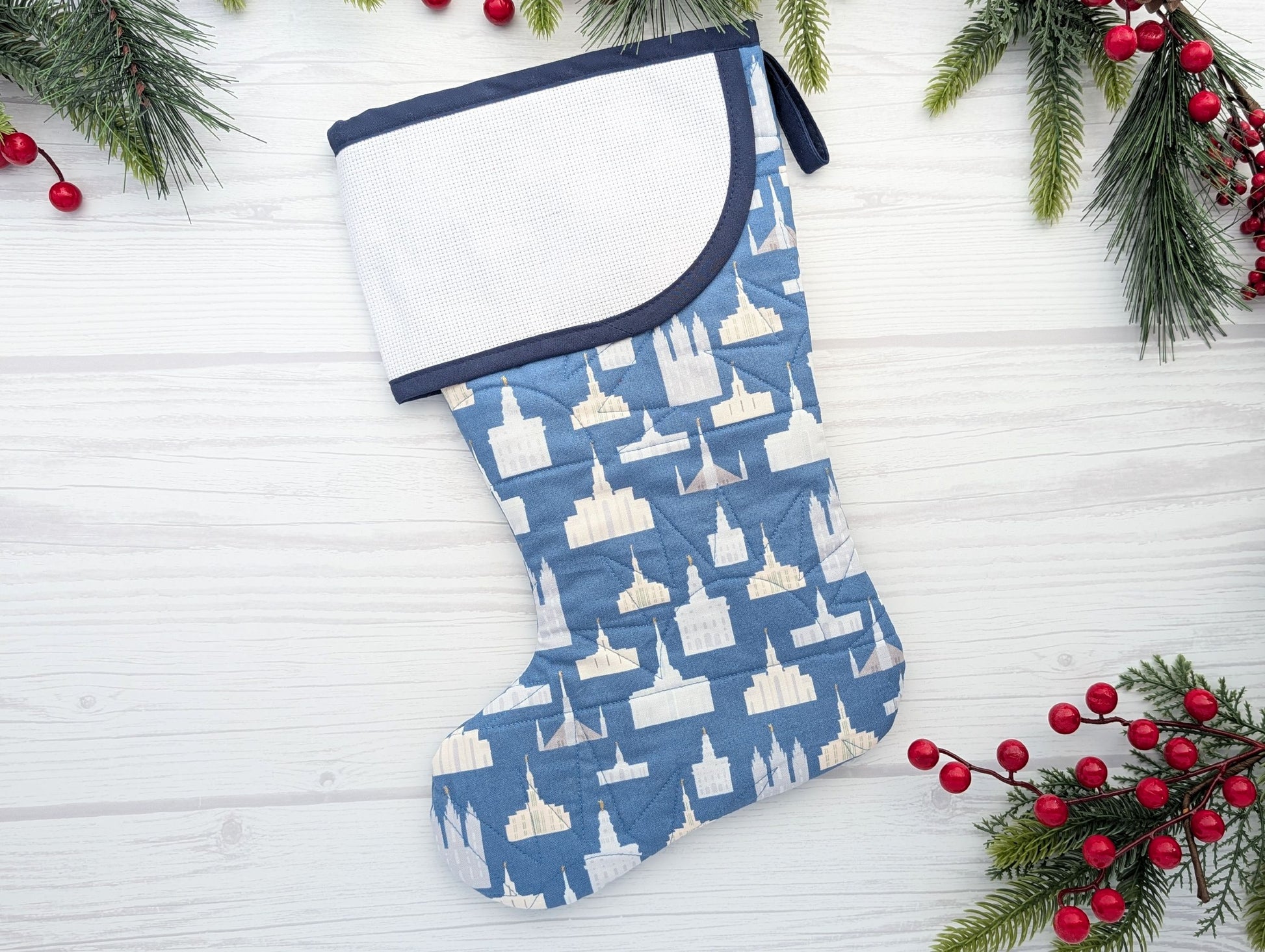 blue temples quilted Christmas stocking with blank cross stitch Aida cuff for LDS missionary