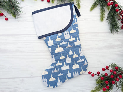 blue temples quilted Christmas stocking with blank cross stitch Aida cuff for LDS missionary