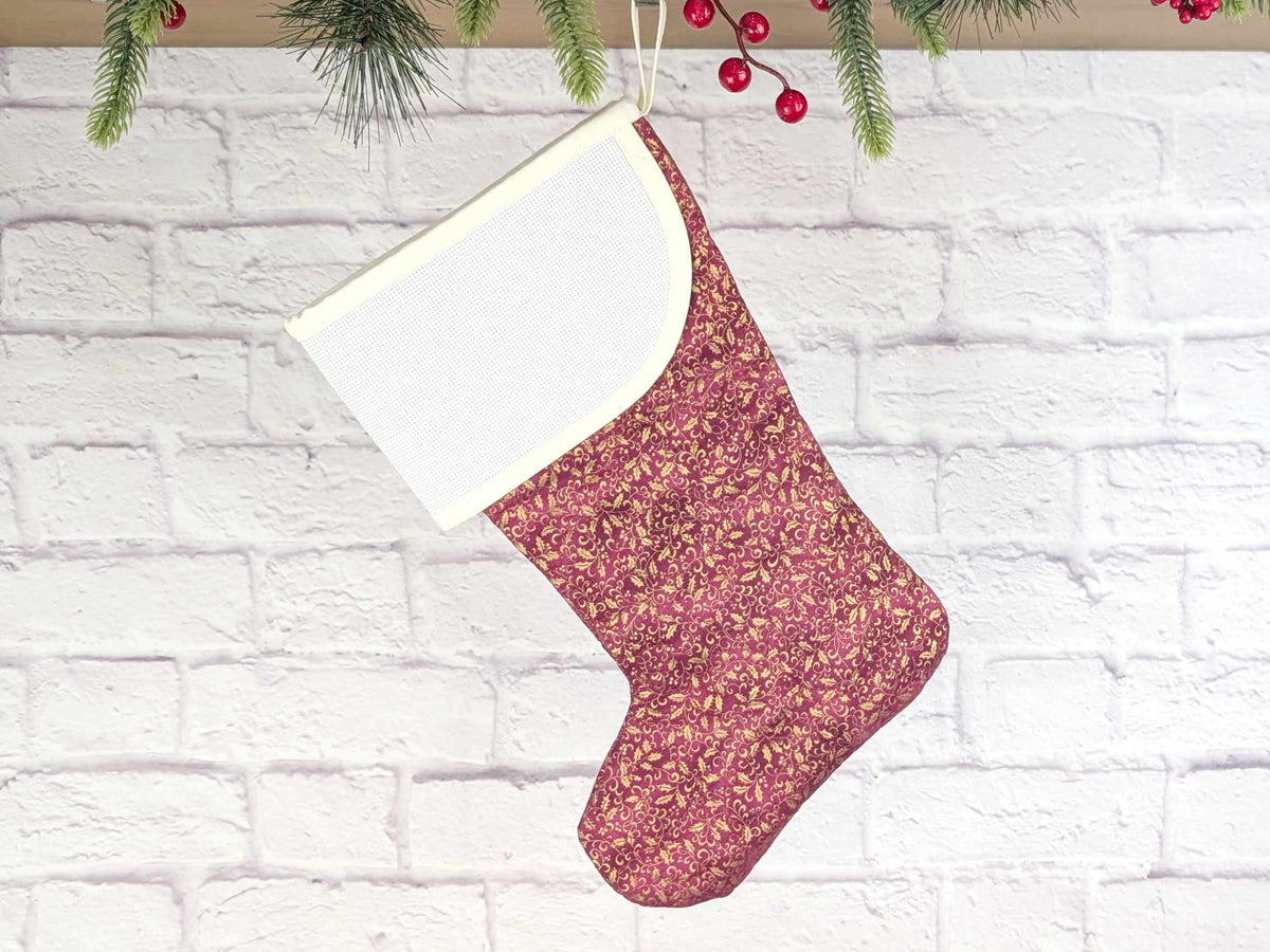 Blank Burgandy Gold Holly Christmas Stocking with Cross Stitchable Cuff - Curved Style