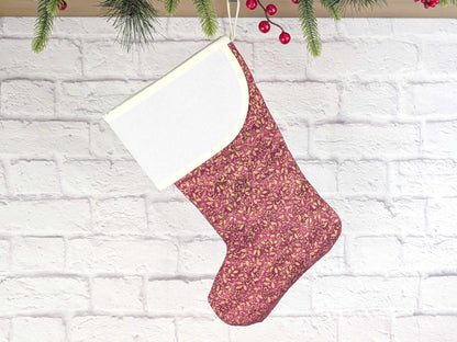 Blank Burgandy Gold Holly Christmas Stocking with Cross Stitchable Cuff - Curved Style