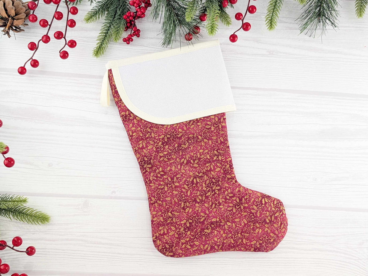 Blank Burgandy Gold Holly Christmas Stocking with Cross Stitchable Cuff - Curved Style