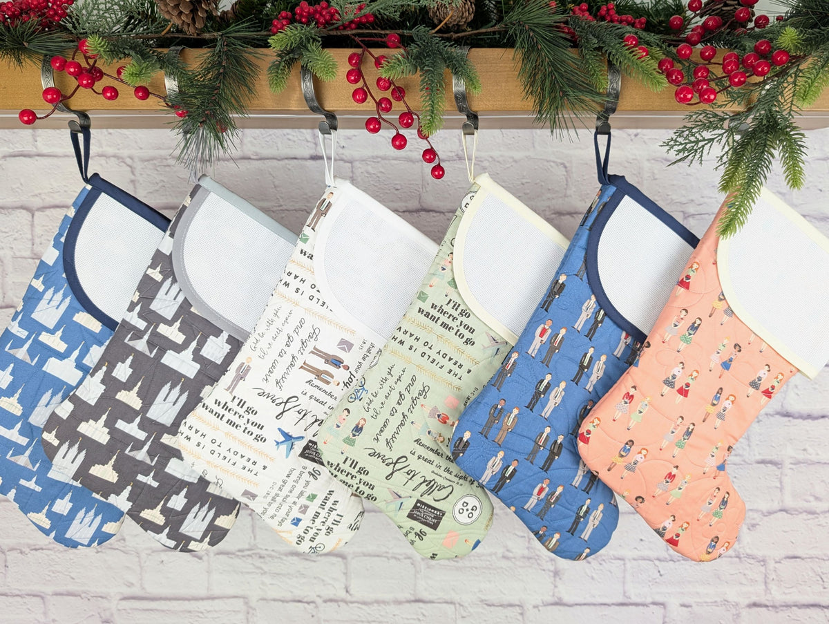 quilted Christmas stocking with blank cross stitch Aida cuff for LDS missionary