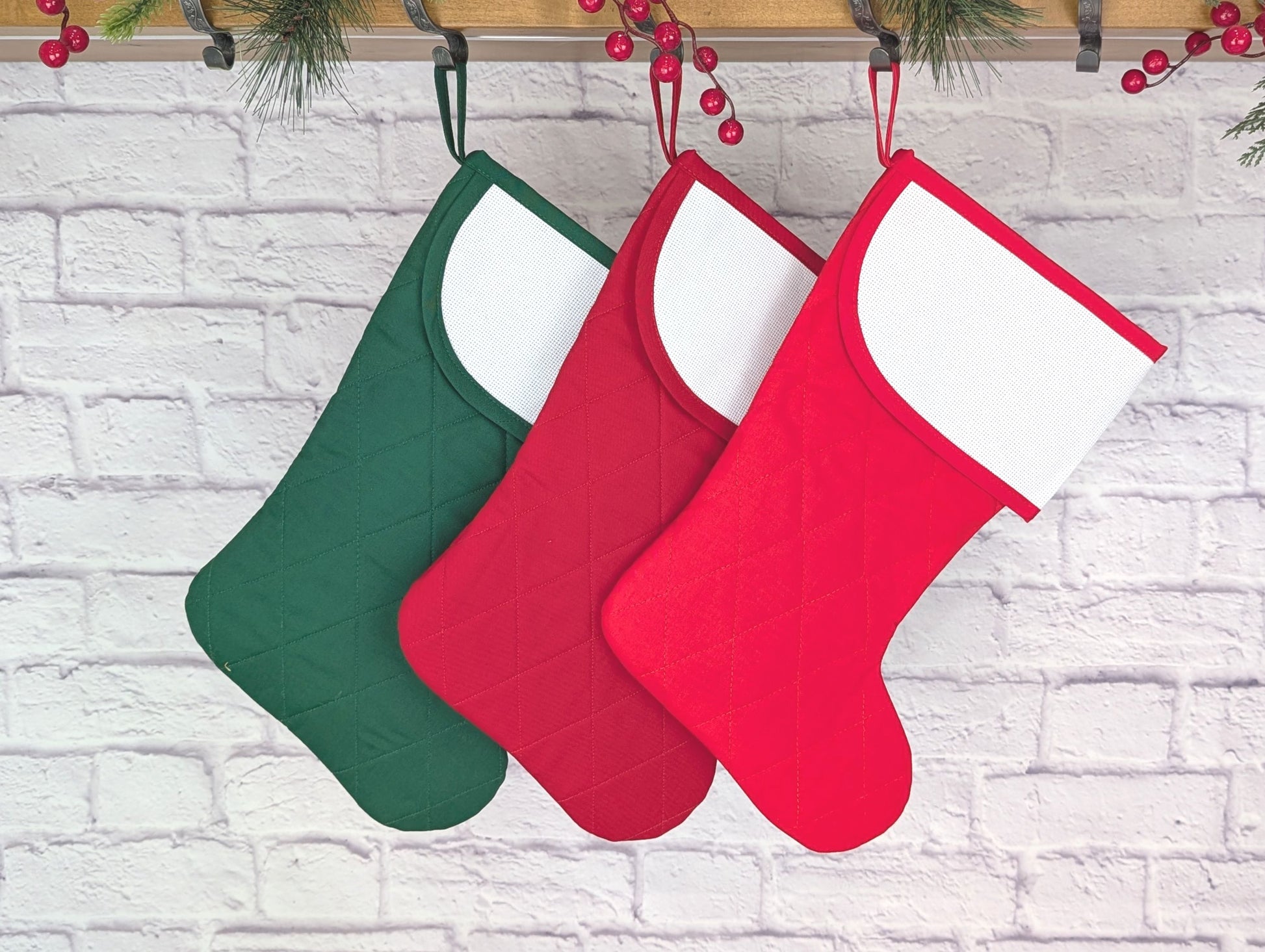 blank quilted Christmas stocking with cross stitch aida cuff in dark red, bright red, or dark green with diamond quilting