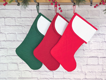 blank quilted Christmas stocking with cross stitch aida cuff in dark red, bright red, or dark green with diamond quilting