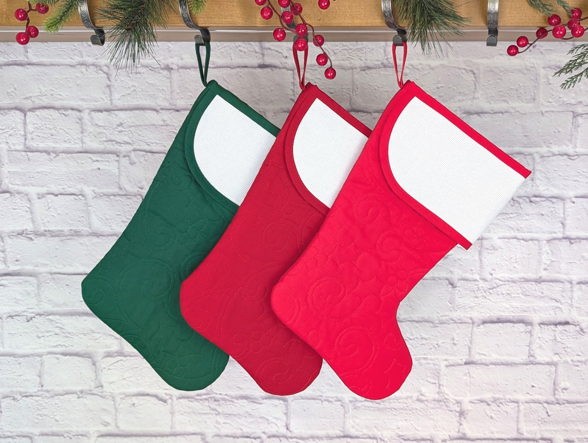 blank quilted Christmas stocking with cross stitch aida cuff in dark red, bright red, or dark green with holly vines quilting