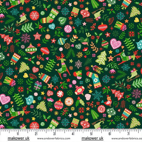 Christmas Stocking with Blank Cross Stitchable Aida Cuff | Quilted and Fully Lined - Makower Christmas Brights Mix Dark Green