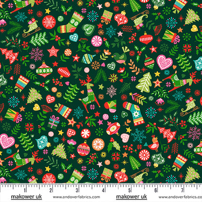 Christmas Stocking with Blank Cross Stitchable Aida Cuff | Quilted and Fully Lined - Makower Christmas Brights Mix Dark Green