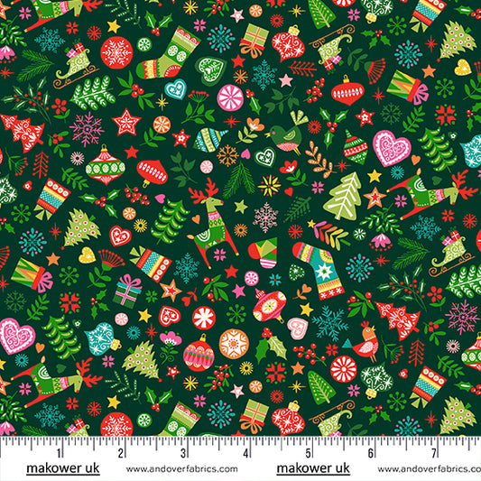 Christmas Stocking with Blank Cross Stitchable Aida Cuff | Quilted and Fully Lined - Makower Christmas Brights Mix Dark Green