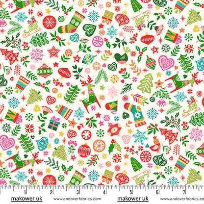 Christmas Stocking with Blank Cross Stitchable Aida Cuff | Quilted and Fully Lined - Makower Christmas Brights Mix White