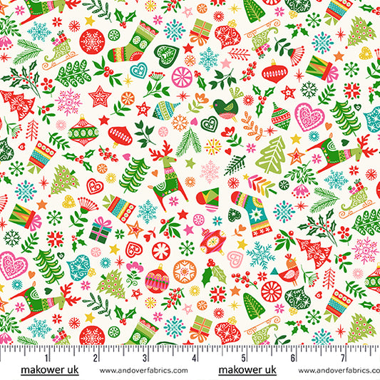 Christmas Stocking with Blank Cross Stitchable Aida Cuff | Quilted and Fully Lined - Makower Christmas Brights Mix White