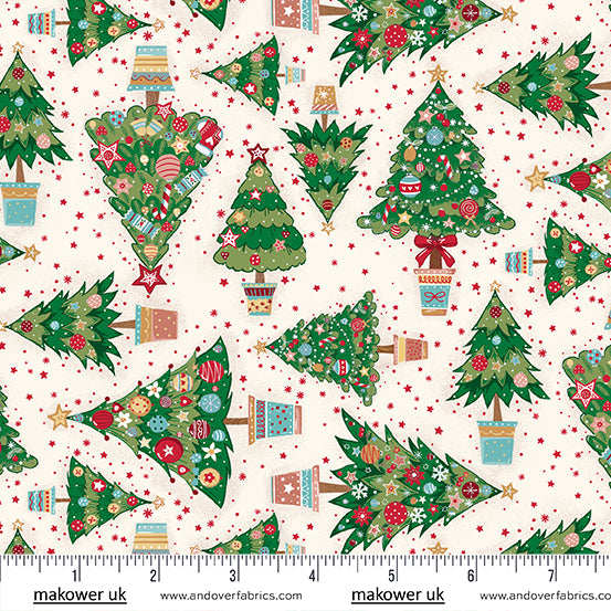 Christmas Stocking with Blank Cross Stitchable Aida Cuff | Quilted and Fully Lined - Makower Christmas Wishes Trees White