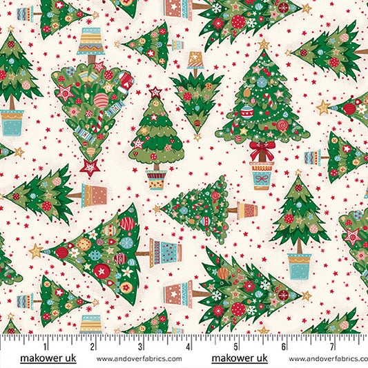 Christmas Stocking with Blank Cross Stitchable Aida Cuff | Quilted and Fully Lined - Makower Christmas Wishes Trees White