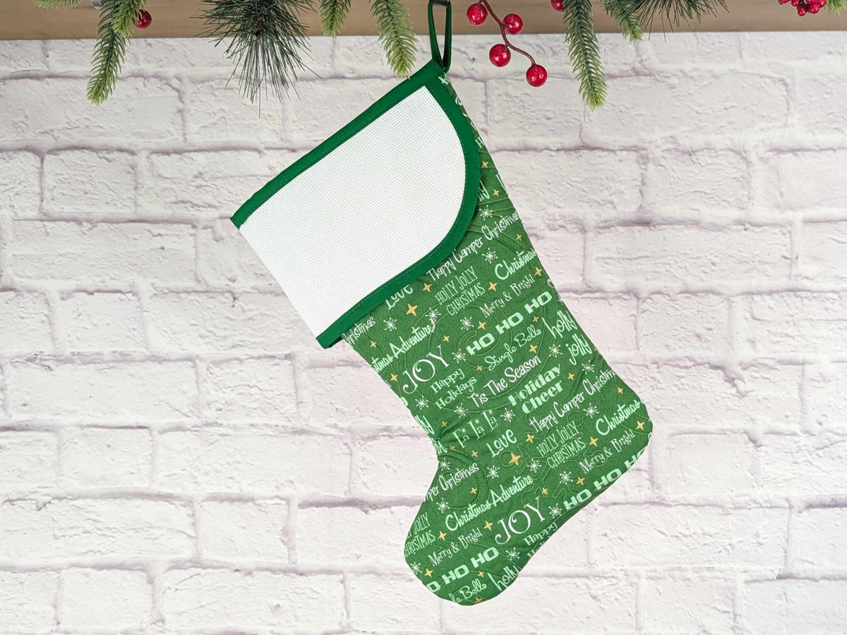 Blank Green Holiday Words Christmas Stocking with Cross Stitchable Cuff - Curved Style