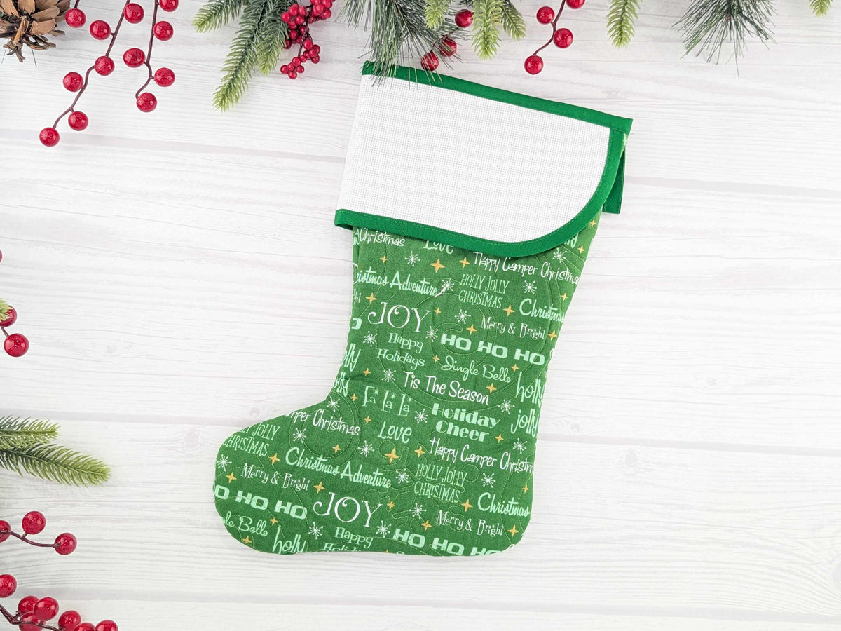 Blank Green Holiday Words Christmas Stocking with Cross Stitchable Cuff - Curved Style