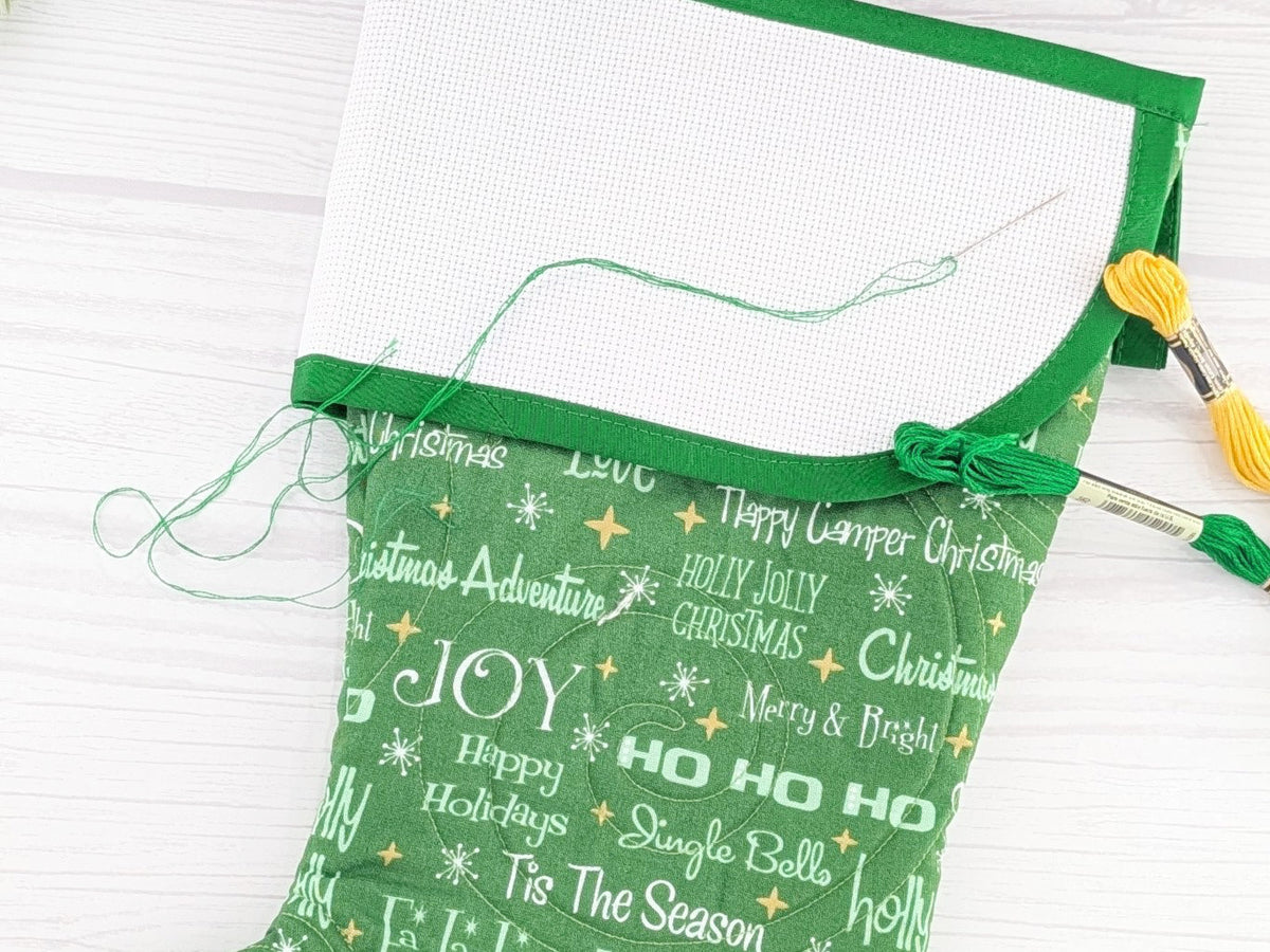 Blank Green Holiday Words Christmas Stocking with Cross Stitchable Cuff - Curved Style