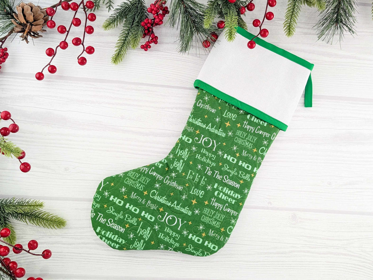 Blank Green Holiday Words Christmas Stocking with Cross Stitchable Cuff - Straight Style